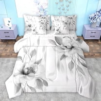 jejeloiu Rustic Flower Leaf 7-Piece Twin Bedding Sets,Watercolor Ink Painting Bedding Comforter Set,Gray White Sheet Sets For Girls Kids,Microfiber Bedroom Decor Reversible