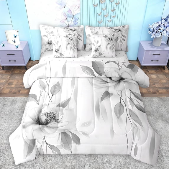 jejeloiu Rustic Flower Leaf 7-Piece Twin Bedding Sets,Watercolor Ink Painting Bedding Comforter Set,Gray White Sheet Sets For Girls Kids,Microfiber Bedroom Decor Reversible