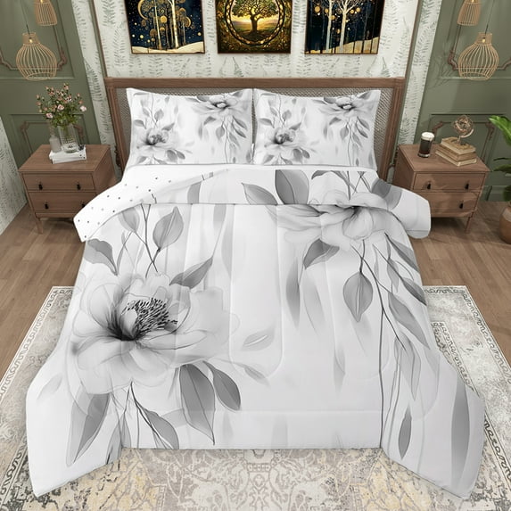 jejeloiu Rustic Flower Leaf Bedding Comforter Set,Watercolor Ink Painting Twin Comforter Sets,Gray White Bedding Set For Girls Kids,Microfiber Bedroom Decor Reversible,2-Piece