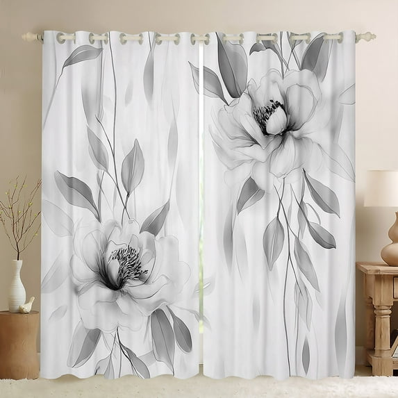jejeloiu Rustic Flower Leaf Black Out Curtains,Watercolor Ink Painting Curtains Pack of 2 (42x63 Each),Gray White Bedroom Curtains For Girls Kids,Microfiber Bedroom Decor