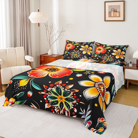 jejeloiu Rustic Flower Queen 4-Piece Ultra Soft Orange Black Red Botanical Sheet Set