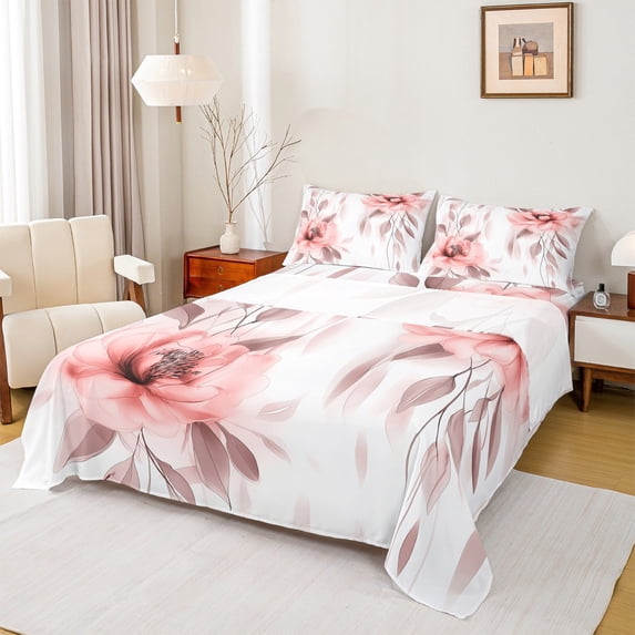 jejeloiu Rustic Flower Queen Sheet Sets,Watercolor Ink Painting Flat Sheet,White Red Queen Fitted Sheet For Girls Kids,Microfiber Bedroom Decor,4-Piece