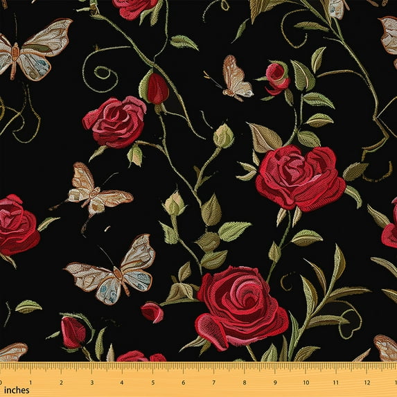 jejeloiu Rustic Flower Rose Fabric by the Yard 3 Yards,Vintage Bohemian Butterfly Sewing Fabric,Red Green Black Fabric for Sewing,Microfiber Bedroom Decor