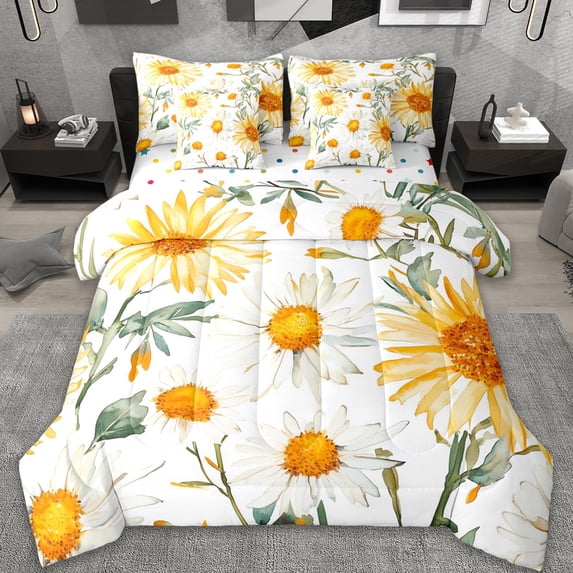 jejeloiu Rustic Flower Twin Bedding Sets 7-Piece,Cute Sunflower Daisy Bedding Comforter Set,White Orange Green Sheet Sets For Girls,Super Cozy Room Decor Reversible