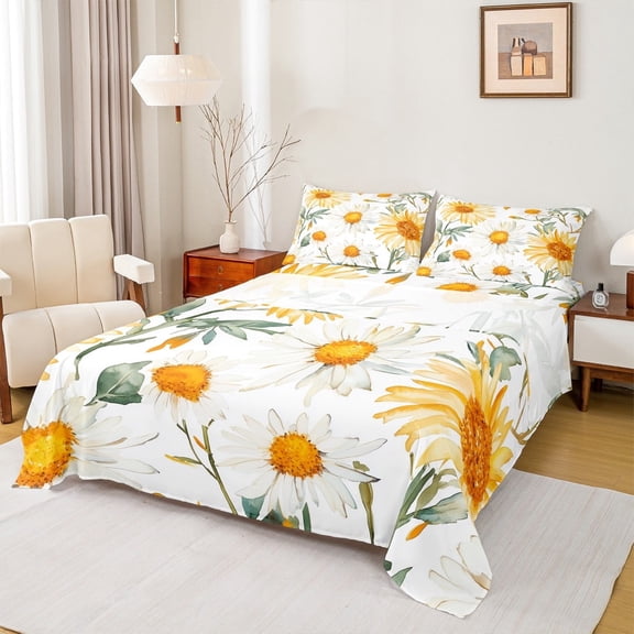 jejeloiu Rustic Flower Twin Sheet Sets,Cute Sunflower Daisy Twin Fitted Sheet,White Orange Green Flat Sheet For Girls,Super Cozy Room Decor,3 Pieces