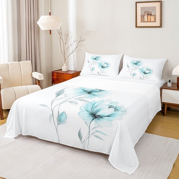 jejeloiu Rustic Flower Twin Sheet Sets,Watercolor Ink Painting Twin Fitted Sheet,Cyan White Flat Sheet For Girls Kids,Microfiber Bedroom Decor,3-Piece