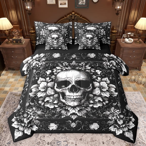 jejeloiu Rustic Flowers 7-Piece Bedding Comforter Set,Gothic Skeleton King Bedding Sets,Whiteblack Bed Sheets For Boys Kids,Ultra Soft Home Decor Reversible