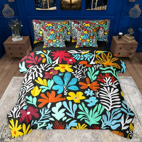 jejeloiu Rustic Flowers 7-Piece Twin Bedding Sets,Multicolor Graffiti Bedding Comforter Set,Watercolor Floral Sheet Sets For Girls Teens,Microfiber Bedroom Decor Reversible