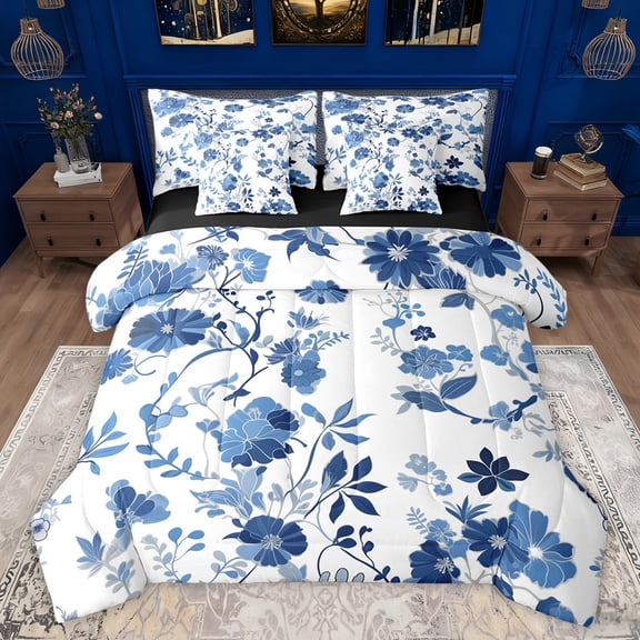 jejeloiu Rustic Flowers 7pcs Bedding Comforter Set,Modern Ink Aesthetic Floral Queen Bedding Sets,White Blue Queen Sheet Sets For Girls Teens,Microfiber Bedroom Decor Reversible