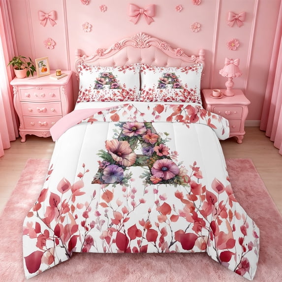 Catabedysis Rustic Flowers ABC Print A Full Size Comforter Sets For Girls,Personalized Monogrammed Gifts Bedding Comforter Set,Pink Reversible,3-Piece,1 Comforter and 2 Pillowcases