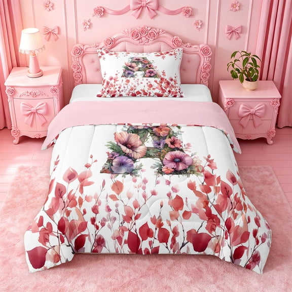 Catabedysis Rustic Flowers ABC Print A Twin Comforter Sets For Girl,Personalized Monogrammed Gifts Bedding Set,Pink Reversible,2pcs,1 Comforter and 1 Pillowcase