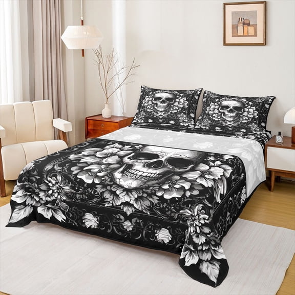 jejeloiu Rustic Flowers Bed Sheets,Gothic Skeleton King Sheets,Whiteblack Sheet Set For Boys Kids,Ultra Soft Home Decor,4pcs