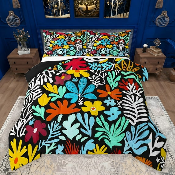 jejeloiu Rustic Flowers Bedding Comforter Set,Multicolor Graffiti Twin Comforter Sets,Watercolor Floral Bedding Set For Girls Teens,Microfiber Bedroom Decor Reversible,2-Piece