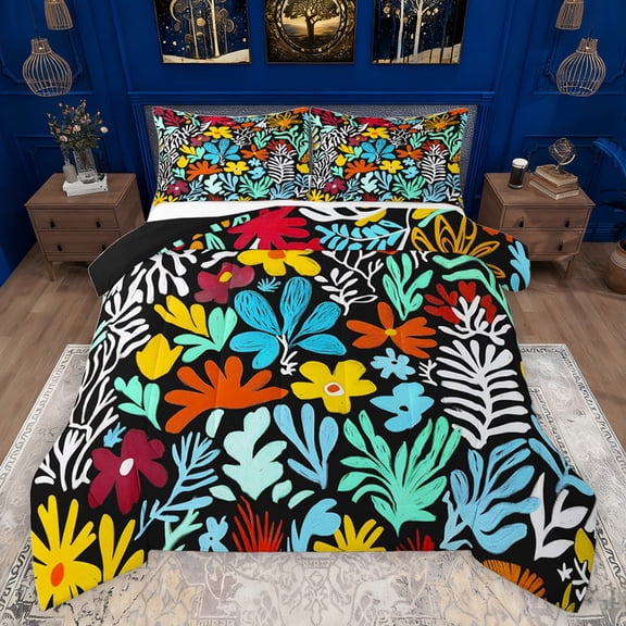 jejeloiu Rustic Flowers Bedding Comforter Set,Multicolor Graffiti Twin Comforter Sets,Watercolor Floral Bedding Set For Girls Teens,Microfiber Bedroom Decor Reversible,2-Piece