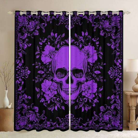jejeloiu Rustic Flowers Curtains Pack of 2 (42x84 Each),Gothic Skeleton Curtains Blackout,Purple Black Bedroom Curtains For Boys Kids,Ultra Soft Home Decor