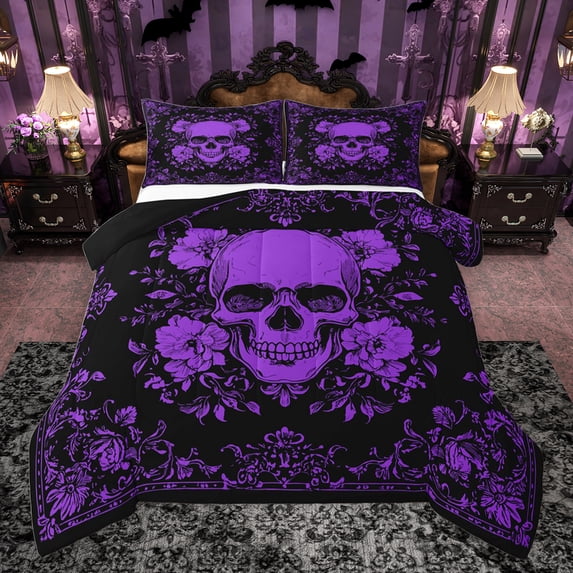 jejeloiu Rustic Flowers Full Size Comforter Sets,Gothic Skeleton Bedding Comforter Set,Purple Black Bedding Sets For Boys Kids,Ultra Soft Home Decor Reversible,3pcs