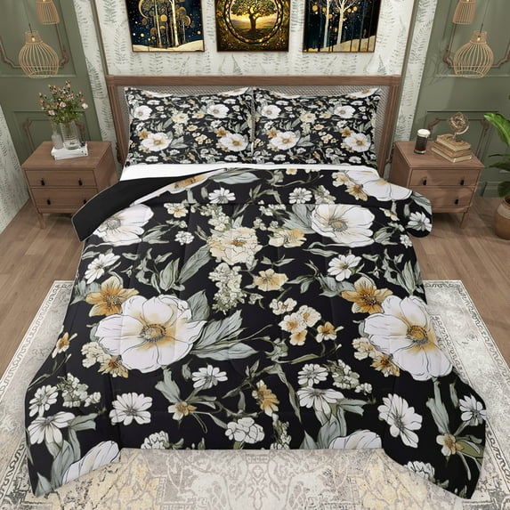 jejeloiu Rustic Flowers Full Size Comforter Sets,Vintage Ink Aesthetic Bedding Comforter Set,White Black Bedding Sets For Girls Teens,Microfiber Bedroom Decor Reversible,3-Piece
