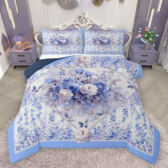 jejeloiu Rustic Flowers Queen Comforter Set,Countryside Floral Lavender Bedding Sets,Purple White Bedding Comforter Set For Girls Teens,Microfiber Bedroom Decor Reversible,3-Piece