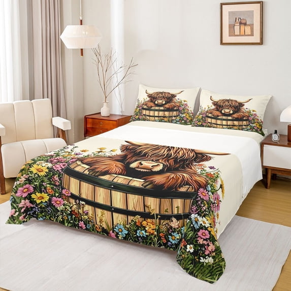 jejeloiu Rustic Highland Cow Floral Queen Sheet Sets Kids,Country Farm Print Bed Set,4-Piece