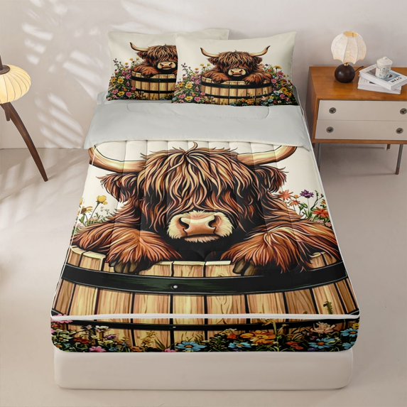 jejeloiu Rustic Highland Cow Floral Zipper Twin Comforter Sets with Fitted Sheet and 2 Pillowcases Kids,Country Farm Print Zipper Bedding Set,Reversible,4-Piece