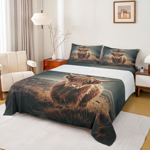 jejeloiu Rustic Highland Cow Full Size Sheets Kids,Western Print Bed Sheets,4 Pieces