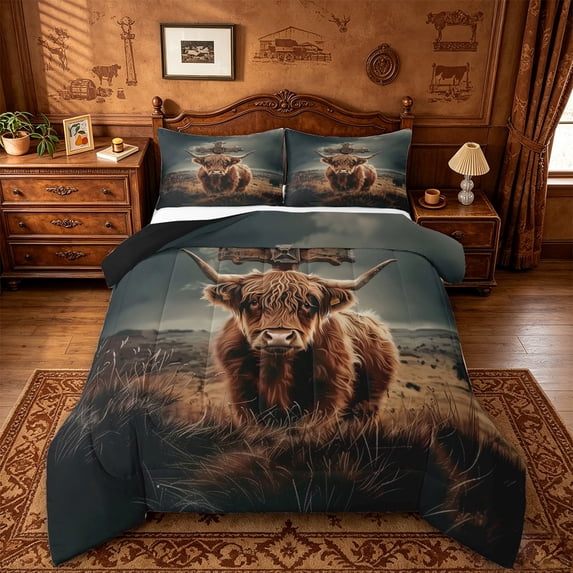 jejeloiu Rustic Highland Cow Queen Comforter Set Kids,Western Print Bedding Comforter Set,Reversible,3pcs