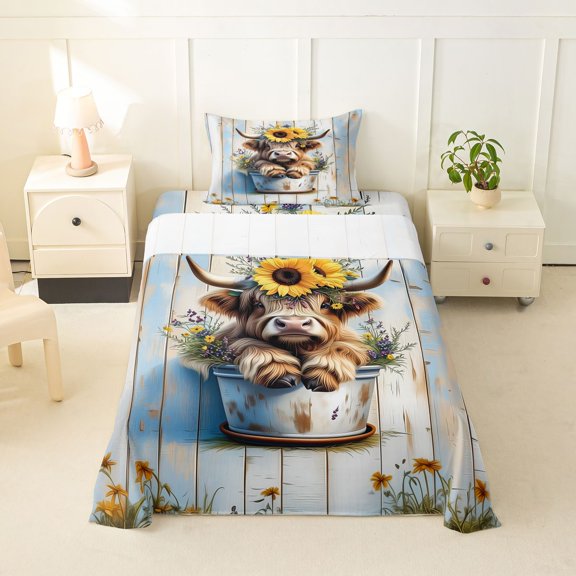 jejeloiu Rustic Highland Cow Sunflower Twin Sheet Sets Kids,Farm Floral Animal Print Bedding For Girls,3-Piece