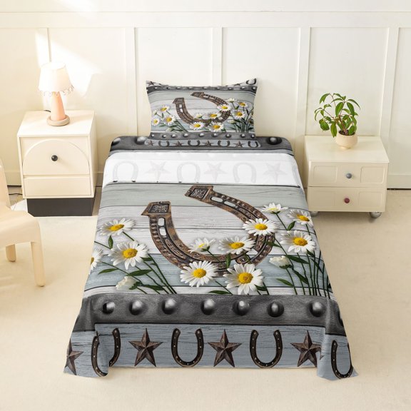 jejeloiu Rustic Horseshoe Daisy Pattern Twin Sheet Sets Kids,Farmhouse Western Print Bedding For Boy,3pcs