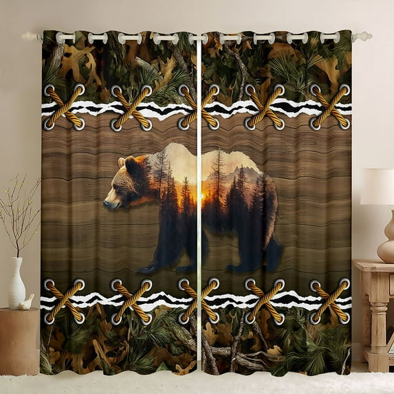 jejeloiu Rustic Hunting Curtains Pack of 2 (42x84 Each),Safari Animal Bear Curtains Blackout,Brown Green Bedroom Curtains For Boys,Ultra Soft Home Decor