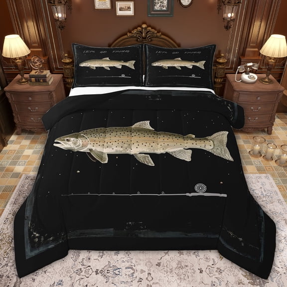 jejeloiu Rustic Hunting Full Size Comforter Sets,Big Bass Fish Bedding Sets For Boys Kids Reversible 3 Pieces
