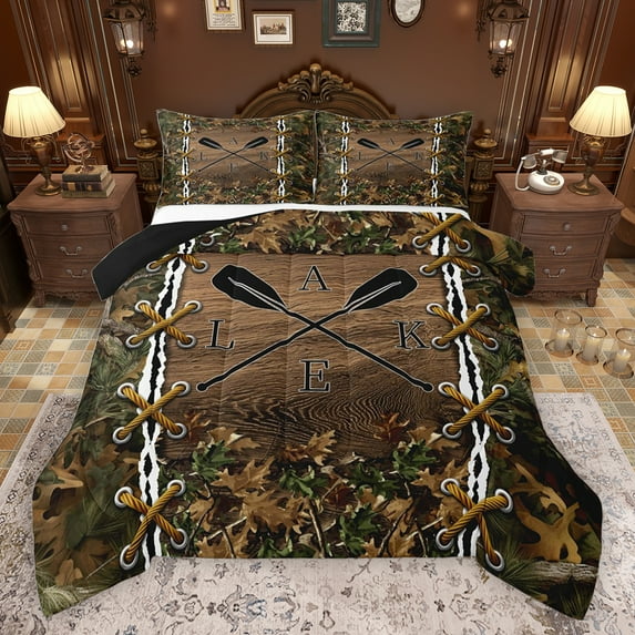 jejeloiu Rustic Lake Bedding Comforter Set,Fishing And Huntiing Twin Comforter Sets,Country Farmhouse Lodge Bedding Set For Kids,Breathable Home Decor Reversible,2pcs