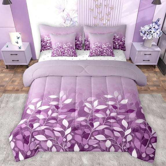 jejeloiu Rustic Leaves 7-Piece Bedding Comforter Set,Modern Minimalsit Aesthetic King Bedding Sets,Purple White Bed Sheets For Girls,Luxury Bedroom Decor Reversible