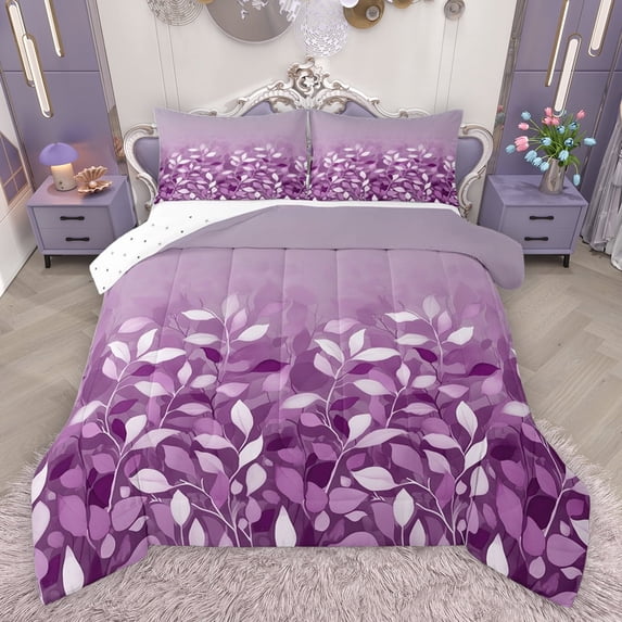 jejeloiu Rustic Leaves Queen Comforter Set,Modern Minimalsit Aesthetic Bedding Sets,Purple White Bedding Comforter Set For Girls,Luxury Bedroom Decor Reversible,3-Piece