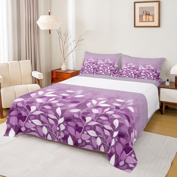 jejeloiu Minimal Leaf Twin 3-Piece Luxury Purple White Aesthetic Girls Sheet Set
