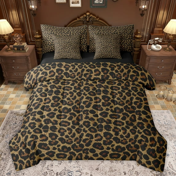 jejeloiu Rustic Leopard Hide 7-Piece Twin Bedding Sets,Jungle Animal Cheetah Bedding Comforter Set,Black Brown Sheet Sets For Adult,Super Cozy Room Decor Reversible