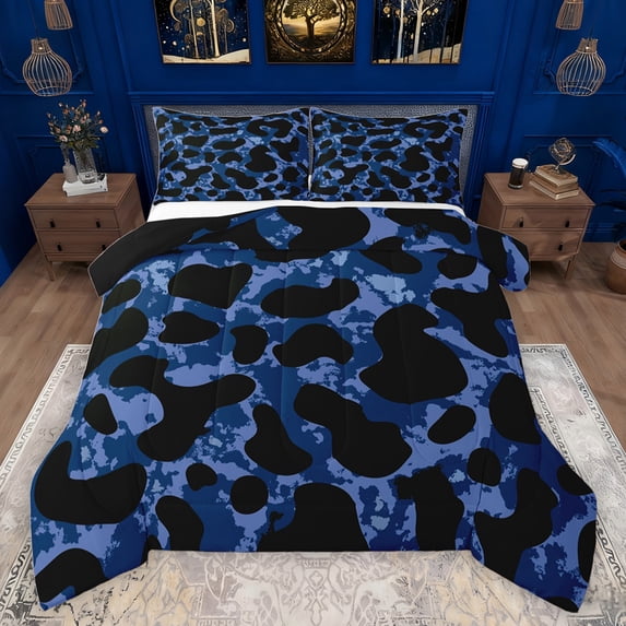 jejeloiu Rustic Leopard Hide Full Size Comforter Sets,Jungle Animal Cheetah Bedding Comforter Set,Deepblue Black Bedding Sets For Adult,Super Cozy Room Decor Reversible,3 Pieces