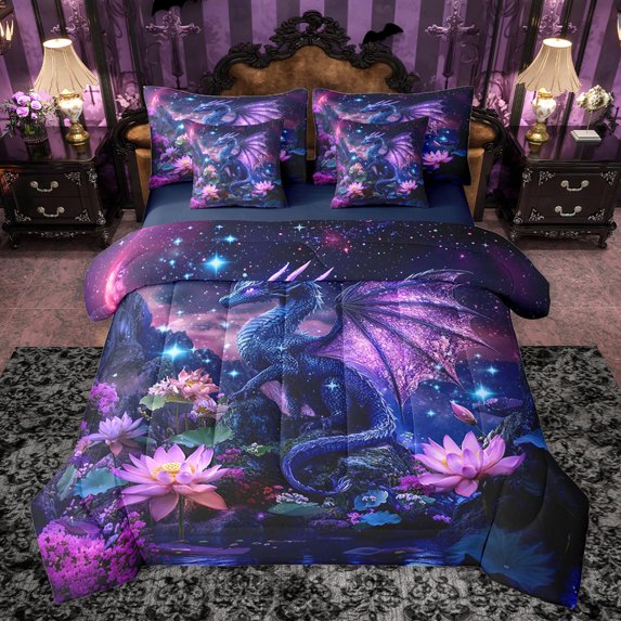 jejeloiu Rustic Lotus Leaves 7 Pieces Bedding Comforter Set,Purple Dragon Pattern Full Bedding Set,Iniverse Starry Sky Fitted Sheet Flat Sheet For Kids,Microfiber Bedroom Decor Reversible