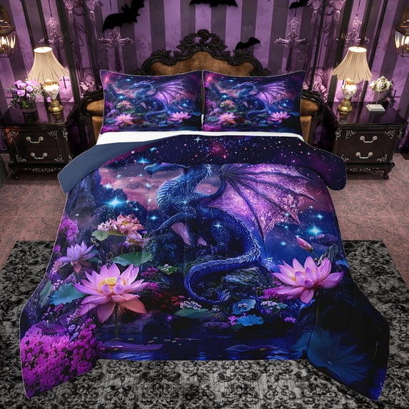 jejeloiu Rustic Lotus Leaves Bedding Comforter Set,Purple Dragon Pattern Twin Comforter Sets,Iniverse Starry Sky Bedding Set For Kids,Microfiber Bedroom Decor Reversible,2pcs