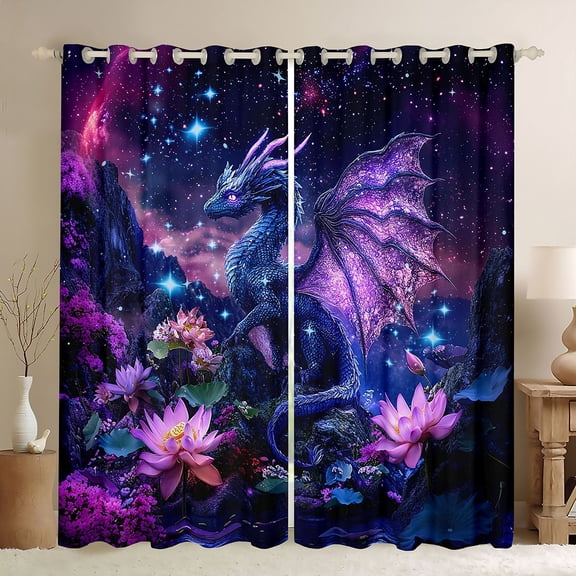 jejeloiu Rustic Lotus Leaves Blackout Curtains Set of 2 (52x84 Each),Purple Dragon Pattern Window Curtains,Iniverse Starry Sky Curtains and Drapes For Kids,Microfiber Bedroom Decor