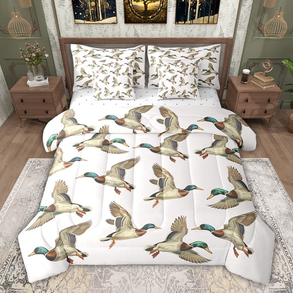 jejeloiu Rustic Mallard 7-Piece Twin Bedding Sets,Flying Duck Bedding Comforter Set For Girls Boys Reversible