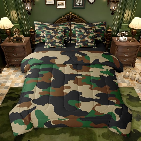 jejeloiu Rustic Mallard Duck 7-Piece Bedding Comforter Set,Green Brown Camo King Bedding Sets For Boys Women Reversible