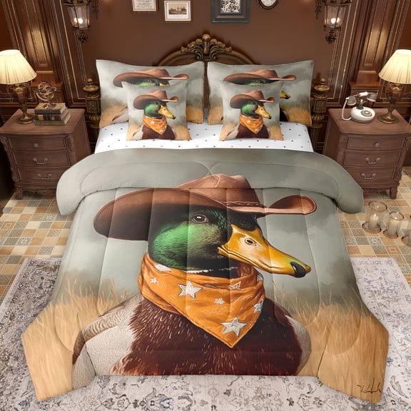 jejeloiu Rustic Mallard Duck 7 Pieces Bedding Comforter Set,Wild Animal Full Bedding Set,Gray Orange Green Fitted Sheet Flat Sheet For Kids,Breathable Home Decor Reversible