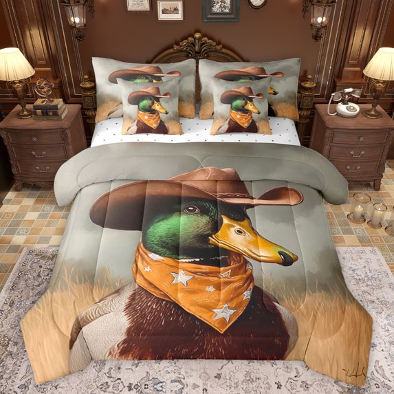 jejeloiu Rustic Mallard Duck 7pcs Bedding Comforter Set,Wild Animal Queen Bedding Sets,Gray Orange Green Queen Sheet Sets For Kids,Breathable Home Decor Reversible