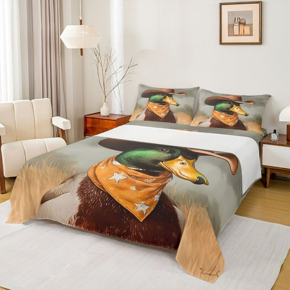 jejeloiu Rustic Mallard Duck Bed Sheets,Wild Animal King Sheets,Gray Orange Green Sheet Set For Kids,Breathable Home Decor,4 Pieces