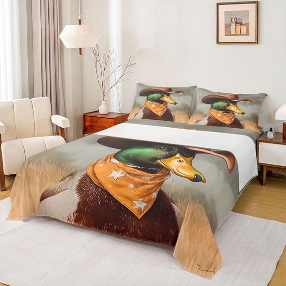 jejeloiu Rustic Mallard Duck Twin Sheet Sets,Wild Animal Twin Fitted Sheet,Gray Orange Green Flat Sheet For Kids,Breathable Home Decor,3 Pieces