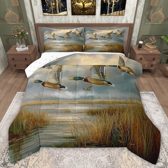 jejeloiu Rustic Mallard Full Size Comforter Sets,Flying Duck Bedding Sets For Adults Reversible 3-Piece