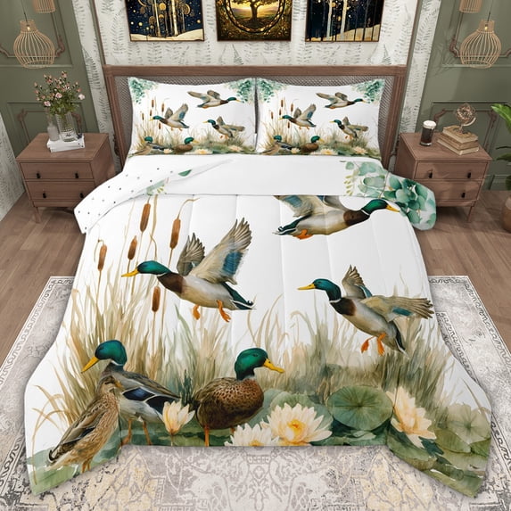 jejeloiu Rustic Mallard Full Size Comforter Sets,Lotus Leaf Bedding Sets For Girls Boys Reversible 3pcs