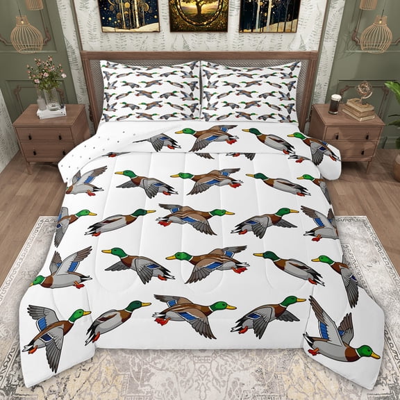 jejeloiu Rustic Mallard Queen Comforter Set,Country Farmhouse Duck Bedding Comforter Set For Girls Boys Reversible 3pcs