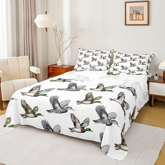 jejeloiu Rustic Mallard Queen Sheet Sets,Wild Flying Animal Flat Sheet,Gray White Brown Queen Fitted Sheet For Men Women,Ultra Soft Home Decor,4pcs