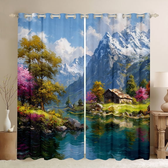 jejeloiu Rustic Nature Landscape Black Out Curtains,Mountain Tree Pattern Curtains Pack of 2 (42x63 Each),Lake House Bedroom Curtains For Men Women,Microfiber Bedroom Decor